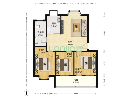 天晟公司住宅楼 3室1厅1卫 93平方