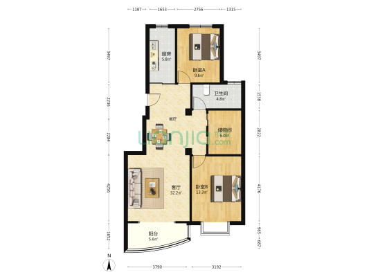 日月山水 2室1厅1卫 95平方