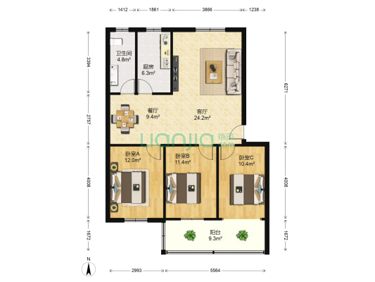 华南园 3室2厅1卫 111平方