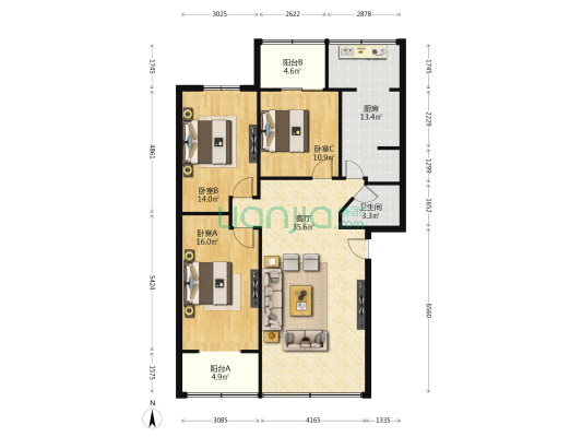 陕西街128号 3室1厅1卫 122平方