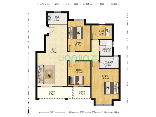中南山锦花城 4室1厅2卫 120平方