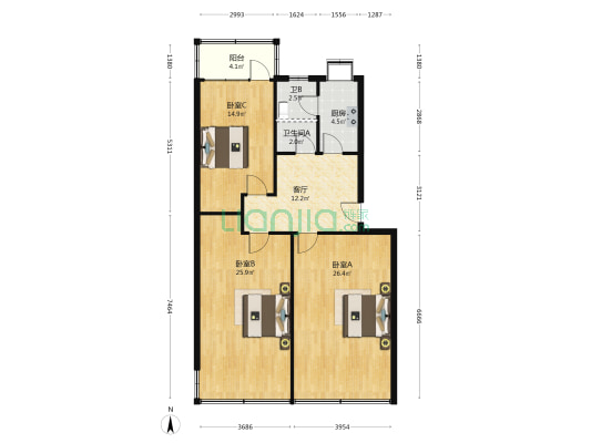 黄孝北路13号银行宿舍 3室1厅2卫 101平方