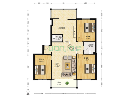 津桥家园 3室1厅2卫 145平方