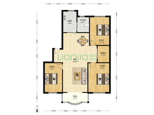 长城金色佳园 3室1厅1卫 132平方