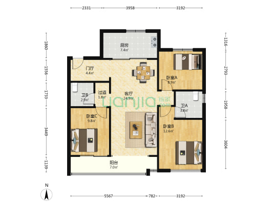 金辉江山铭著 3室1厅2卫 117平方
