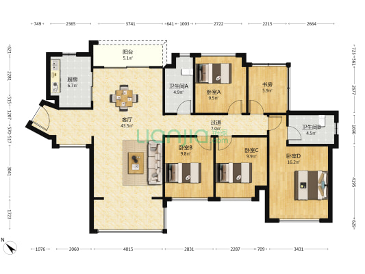 金裕星河梧桐湾花园 5室1厅2卫 140平方