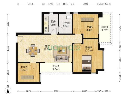 富力广场T区 3室1厅1卫 90平方