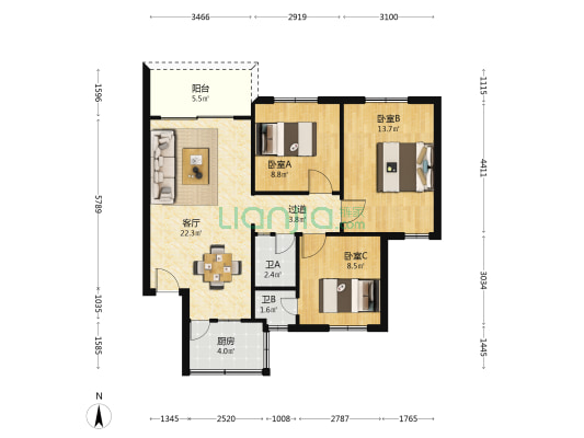 竹树新村 3室1厅2卫 86平方