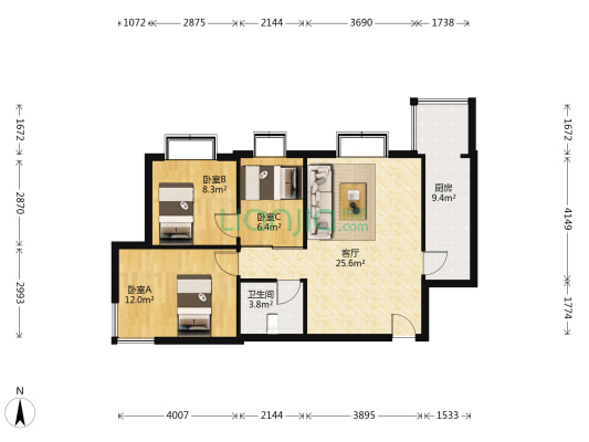 翠竹小院 3室1厅1卫 88平方