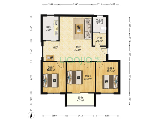 雍翠园 3室1厅1卫 100平方