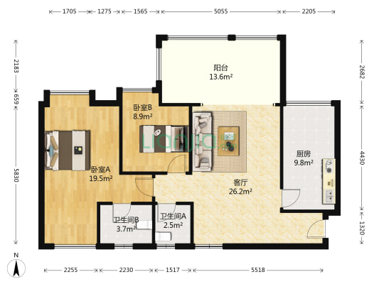 澳洲湾 2室1厅2卫 85平方