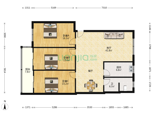 天明路65号院 3室1厅1卫 131平方