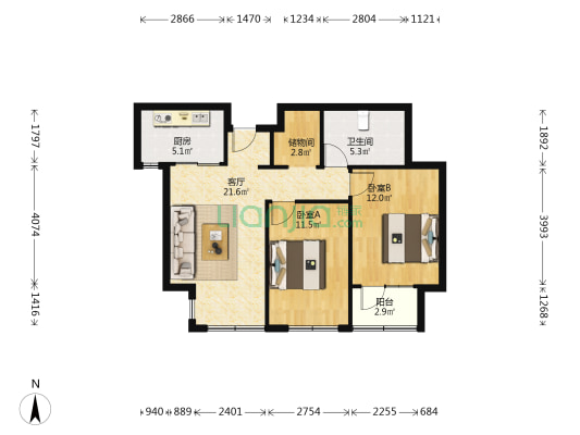 悦泰·拾光里 2室2厅1卫 93平方
