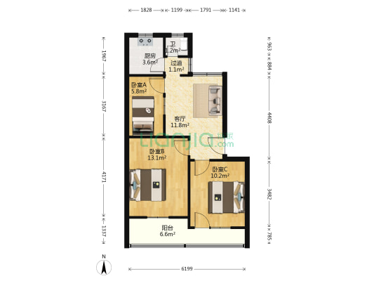 东门捷径12号院 3室1厅1卫 65平方