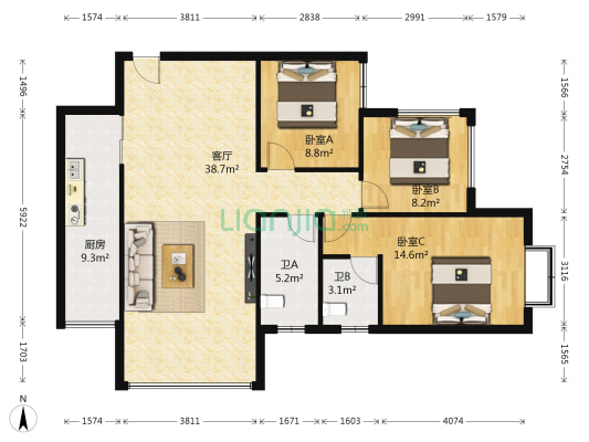 碧海幸福家园 3室1厅2卫 90平方