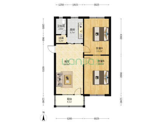 第二百货公司宿舍 2室1厅1卫 77平方