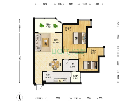 昌茂清华园 2室1厅1卫 98平方