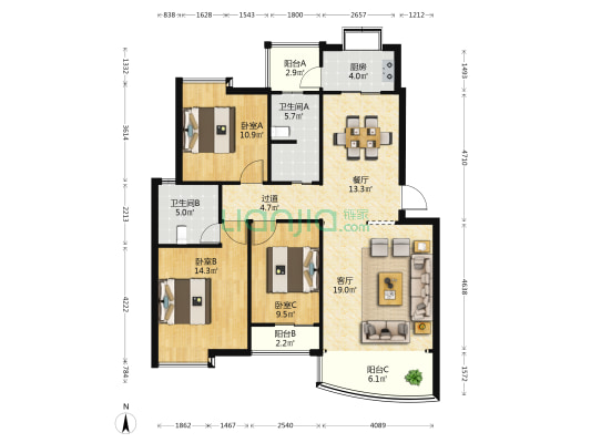 虹桥花园 3室2厅2卫 113平方