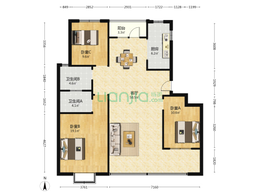 龙城壹号 3室1厅2卫 128平方