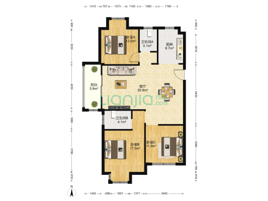 汉水悦苑 3室1厅2卫 131平方