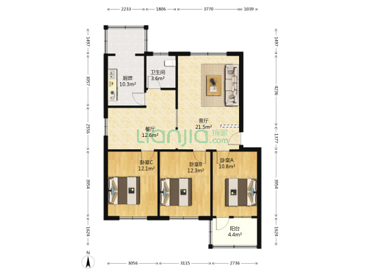 工会家属院 3室2厅1卫 109平方