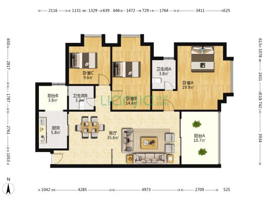 昊康广场花园 3室1厅2卫 138平方