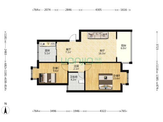 梅林家园 2室2厅1卫 78平方