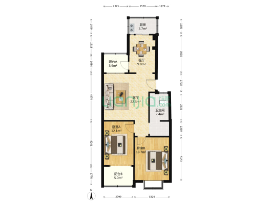 嘉瑞园 2室2厅1卫 95平方