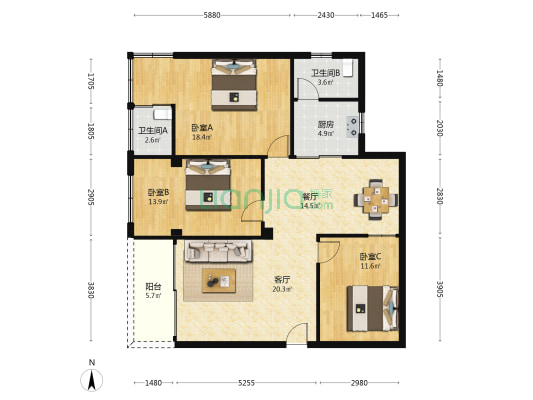 河滨南路 3室2厅2卫 107平方
