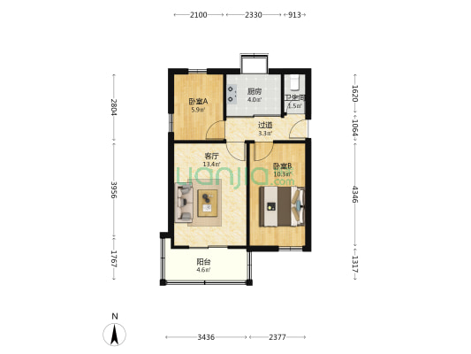 西五路68号院 2室1厅1卫 54平方