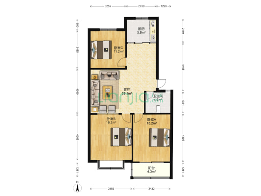丰华新苑 3室1厅1卫 109平方