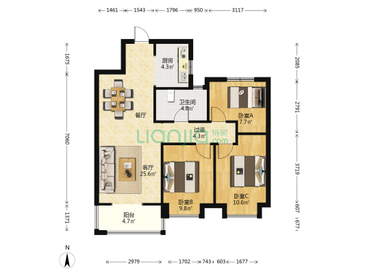 融创汀澜 3室1厅1卫 96平方