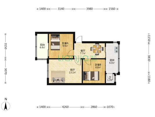 松花巷 2室2厅1卫 57平方