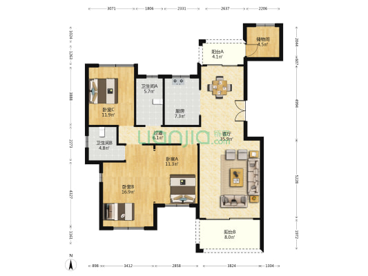 湘诚德峰小区C区 3室1厅2卫 155平方