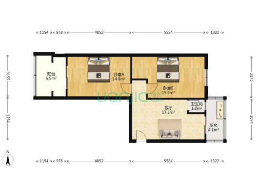二商局宿舍 2室1厅1卫 74平方