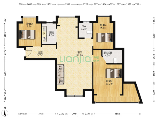 新新人家 3室1厅2卫 124平方