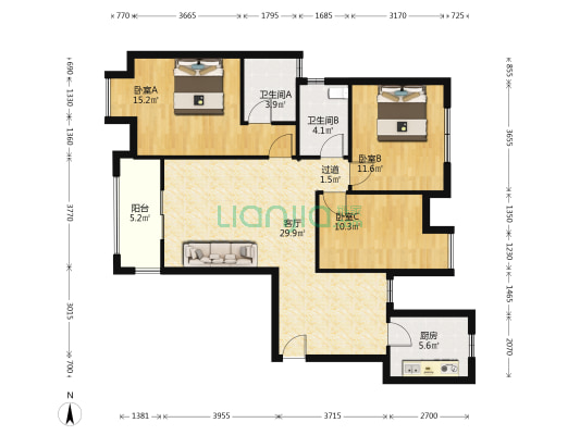 恒瑞佳园 3室1厅2卫 115平方