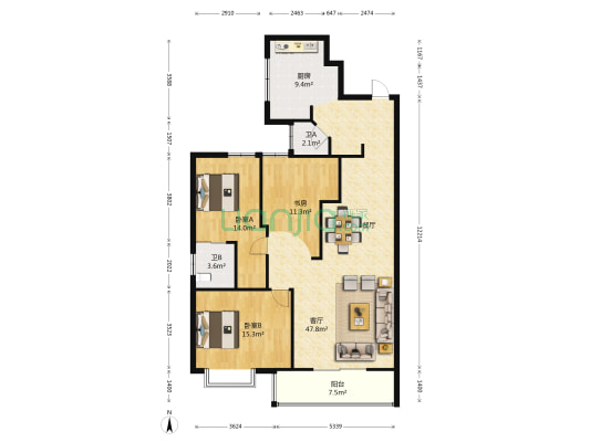 東江国际 3室1厅2卫 133平方