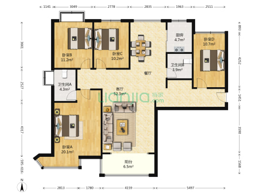 众邦金水湾 4室1厅2卫 166平方