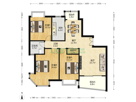 康健丽都 3室2厅1卫 121平方