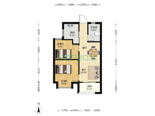 凤翔佳园 2室1厅1卫 61平方