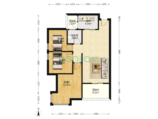 松湖时代 3室1厅1卫 85平方