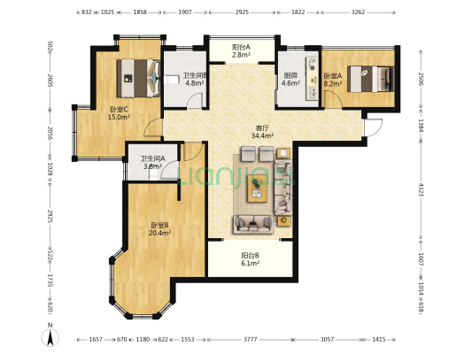 景天花园 3室1厅2卫 113平方