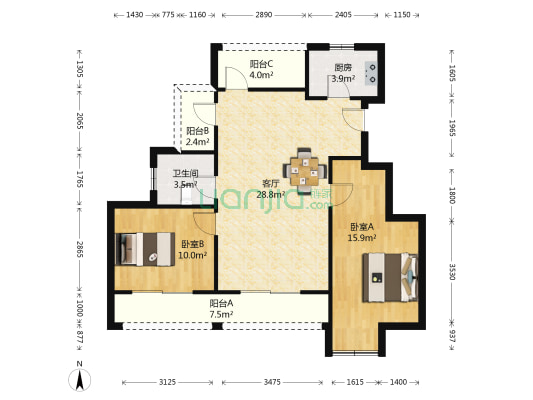 中梁天颂 2室1厅1卫 86平方