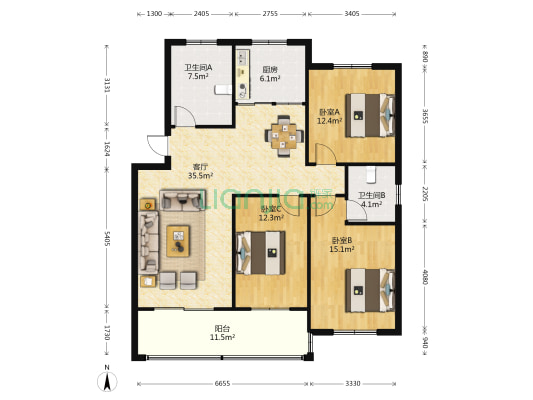 人行家属院(交通路1055号) 3室1厅2卫 128平方