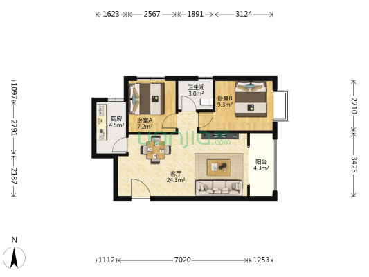 黎明风和庭院 2室1厅1卫 76平方