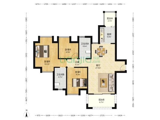 优佳国际 3室1厅2卫 105平方