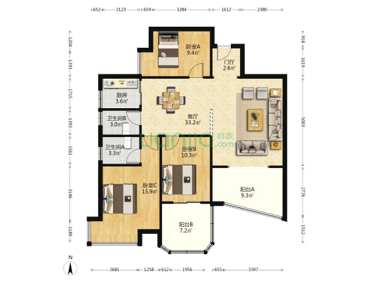 星河绿洲 3室1厅2卫 114平方