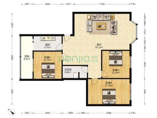 航天路20号 3室1厅1卫 126平方