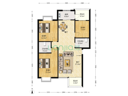 国际花园 3室1厅2卫 115平方